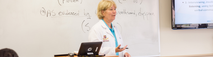 A nursing instructor at Jersey College presents a lecture in front of a class of nursing students.